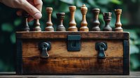 Vintage wooden chess pieces arranged on antique storage box with metal clasps and rustic finish against blurred green garden background.