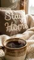 Steaming hot coffee in a rustic ceramic mug on a cozy blanket with a Stay Home pillow, evoking warmth and hygge comfort at home.