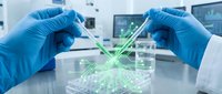Scientist hands in blue gloves conducting digital technology research with holographic circuit board projection in modern laboratory setting.