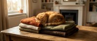 Ginger cat sleeping on folded knit sweaters stacked on wooden table in cozy living room with fireplace and window light.