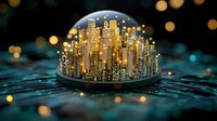 Futuristic golden cityscape in glass dome with glowing skyscrapers on circuit board background, surrounded by bokeh lights creating magical atmosphere.