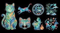 Decorative Chinese style cats set with ornamental patterns, hieroglyphs, bamboo and floral elements, isolated on transparent background, for stickers, sublimation, t-shirt design.