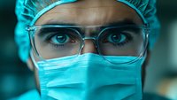 Close up view of medical professional wearing protective surgical mask, cap and glasses with intense focused eyes in turquoise hospital lighting.
