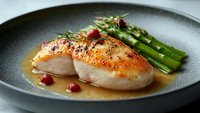 Grilled chicken breast with crispy skin served alongside fresh asparagus spears and cranberries in savory sauce on dark ceramic plate, fine dining presentation.