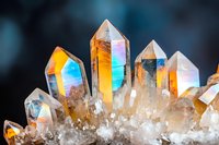 Colorful quartz crystal cluster with rainbow reflections and prismatic light effects on dark background for healing and meditation concepts.