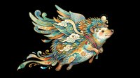 Decorative flying hedgehog with ornate feathered wings in teal, gold, and orange tones, isolated on transparent background. Ready for t-shirt design, clipart, stickers, and print-on-demand products.