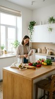Young woman with dark hair and glasses, wearing a beige cardigan and olive top, preparing fresh vegetables in a bright, minimalist kitchen with wooden island counter and white cabinetry.