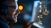 Caucasian male programmer with headset working at night on computer code, illuminated by screen glow in dark office environment.