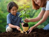 Young Asian girl and Caucasian woman planting a small green seedling in pot with soil, environmental education concept in garden setting.