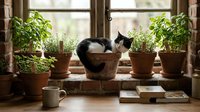 Black and white cat sitting in wicker basket on sunny windowsill surrounded by potted herbs and houseplants creating cozy indoor garden atmosphere.