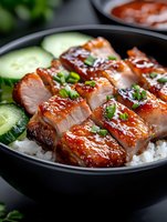 Glazed pork belly slices served on white rice with fresh cucumber and green onions in black bowl, close up view showing juicy meat texture and shiny sauce.