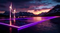 Futuristic solar panel field with wind turbines glowing in neon purple light against dramatic mountain sunset landscape. Clean energy concept for environmental designs.
