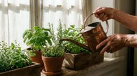 Senior hands watering fresh herbs in terracotta pots on sunny windowsill. Indoor gardening, sustainable living, homegrown cooking ingredients concept.