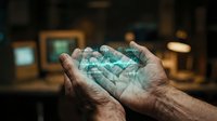 Mature hands holding glowing turquoise crystal or gemstone with blurred workshop background, representing mineral collection, geology hobby, or precious stone appreciation.