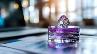 Purple glass perfume bottle with crystal stopper on reflective surface, soft bokeh background creates luxurious atmosphere. Elegant fragrance container styling.