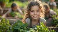 Young girl with curly hair smiling brightly in community garden setting, surrounded by green plants and natural sunlight. Perfect for education, healthy lifestyle, and environmental themes.