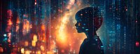 Female silhouette against digital matrix background with glowing orange and blue cyber elements, representing artificial intelligence and technology advancement.