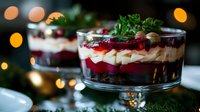 Layered dessert with chocolate crumbs, cream cheese filling and fresh cranberries garnished with mint leaves in glass bowl against festive bokeh lights.