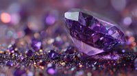 Luxurious purple amethyst gemstone on sparkling glitter background with bokeh lights, showcasing brilliance and facets for jewelry design.