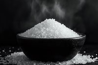 Sea salt crystals in black ceramic bowl with rising steam, dramatic black and white composition on dark background with scattered grains.
