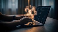 Smart home automation concept with glowing house icons floating above laptop keyboard as hands type code for IoT property management system.