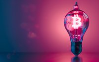 Glowing light bulb with bitcoin symbol inside on gradient blue and pink background, creative cryptocurrency concept for financial innovation and technology.