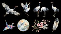 Watercolor crane birds and nature elements isolated on transparent background, ready for t-shirt design, clipart, stickers, sublimation and print-on-demand projects.
