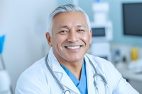 Confident mature Hispanic male doctor with silver hair and warm smile wearing white coat and stethoscope in medical office setting, representing healthcare professional.