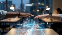 Two diverse hands reaching toward a glowing holographic smart city above a table, symbolizing digital collaboration and urban innovation.