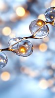 Transparent glass spheres with warm golden lights inside connected by thin stems against soft blurred bokeh background, suitable for abstract and scientific designs.