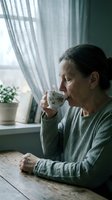 Senior woman enjoying morning tea by window in cozy home interior with natural light and peaceful atmosphere for relaxation and wellness concepts.