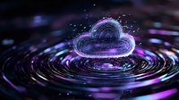 Glowing purple cloud shape floating above rippling water surface with magical sparkles and neon light effects, digital art style for technology concepts.