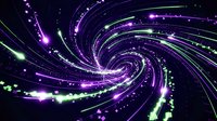 Abstract spiral galaxy with glowing purple and green light trails creating dynamic swirling motion against dark space background for digital art projects.