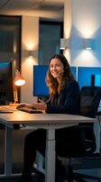Professional Caucasian businesswoman with headset working at modern office desk during evening hours with warm ambient lighting and multiple monitors.