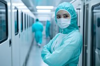 Asian female medical professional in protective equipment and surgical mask standing with crossed arms in hospital corridor, blue tinted atmosphere.