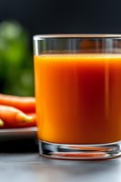 Fresh carrot juice in clear glass with raw carrots in background, selective focus on vibrant orange beverage against dark backdrop, healthy drink concept.
