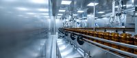 Modern pharmaceutical manufacturing facility with automated production line and glass vials moving on conveyor belt in sterile cleanroom environment.