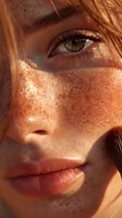 Close-up of woman with freckles and green eyes in golden sunlight, showcasing natural beauty and skin texture for cosmetic advertising.