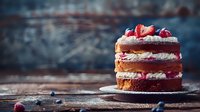 Layered berry cake with cream filling and fresh raspberries on rustic wooden background. Rich red velvet sponge topped with fruit creates appetizing dessert.