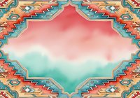 Ornate geometric border frame with turquoise and coral gradient watercolor center, featuring intricate Islamic or Moroccan-inspired patterns, ideal for invitations, cards, and design backgrounds.