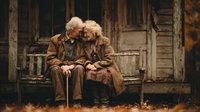 Elderly couple sitting together on wooden porch bench sharing intimate moment, senior man and woman in warm coats showing love and companionship in autumn setting.