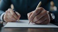 Business professionals signing legal documents or contracts at office desk, close-up view of hands with pens on white paper in dark corporate setting.