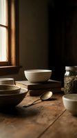 Rustic kitchen scene with ceramic bowls, wooden spoon, glass jar with herbs on weathered table near window with warm natural light creating cozy cooking atmosphere.