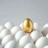 Golden egg standing out among white eggs on light background, symbolizing uniqueness, success and leadership concept in business and finance.