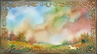 Watercolor landscape with soft pastel colors, rolling hills, and ornate vintage gold frame border, suitable for wall art and design projects.