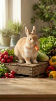 Adorable brown rabbit eating carrot surrounded by fresh organic vegetables on rustic wooden table in bright kitchen with natural sunlight and green plants.