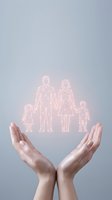 Two hands with palms facing upward cradling a glowing neon outline of a family unit consisting of two adults and two children against a neutral gray background. Concept for family protection, care, insurance, and support services.