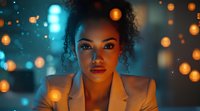 Professional mixed-race businesswoman with curly hair in white blazer against colorful bokeh lights background for corporate and lifestyle content.