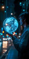 Young Asian man holding glowing blue digital globe network hologram at night with bokeh city lights, representing global connectivity and future technology.
