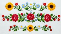 Folk art floral borders with sunflowers, roses and daisies in traditional embroidery style on white background for decorative design projects.